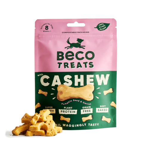 Beco dog treats with cashew, pumpkin seed, and carrot in pink and green compostable packaging