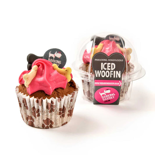Barking Bakery Pink Woofin for dogs with pink icing and biscuit bones — birthday-ready treat