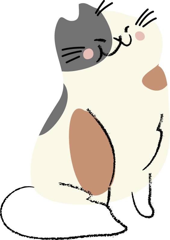 Cartoon-style calico cat illustration with a happy, playful expression