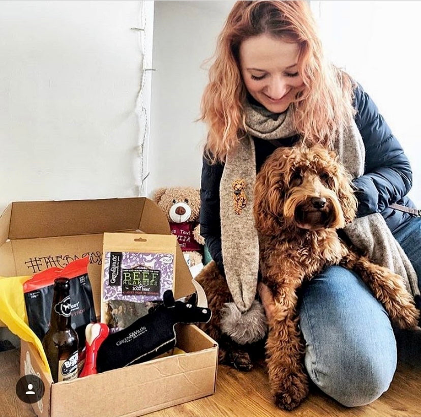 Woman and cockapoo with BarkyBox of dog treats and toys, including beef snacks and pet beer