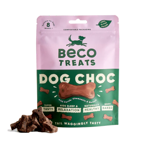 Beco Dog Choc treats with carob, chamomile, and quinoa in compostable pink and green packaging
