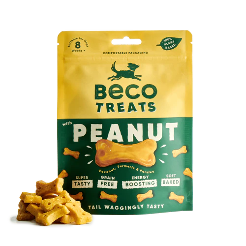A package of Beco brand dog treats labeled 'PEANUT' with an image of the treats and a dog paw print, indicating the product is peanut-flavored dog biscuits.