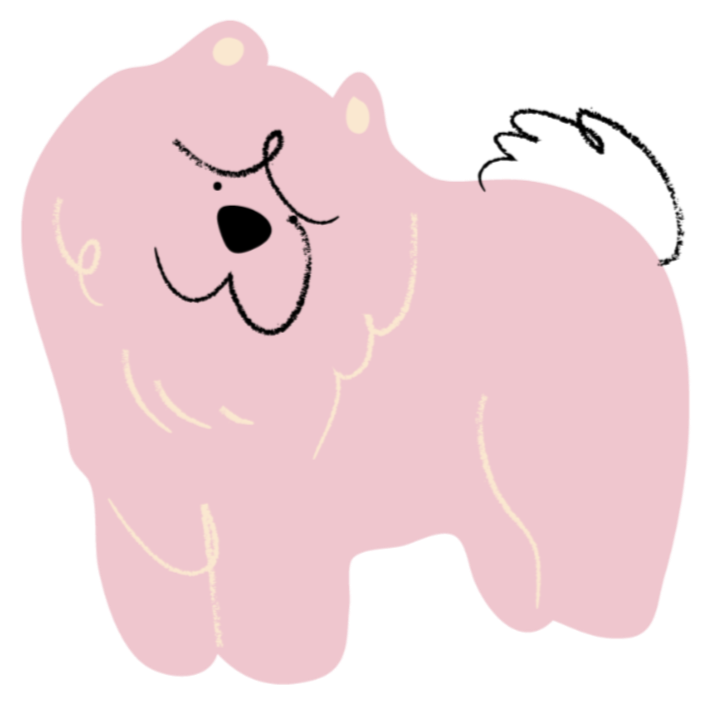 Cartoon-style pink fluffy dog illustration with a playful expression