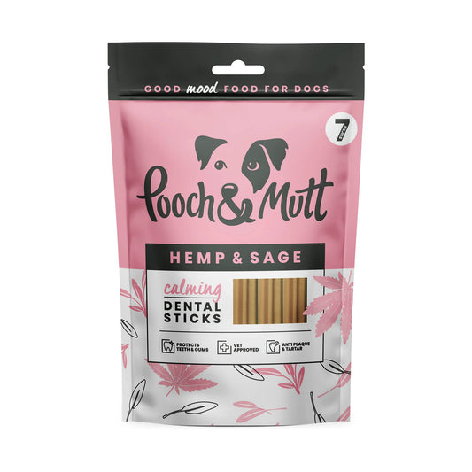 Packaging of Pooch & Mutt calming dental sticks for dogs with hemp and sage flavor. The package is pink with a dog illustration and product details.