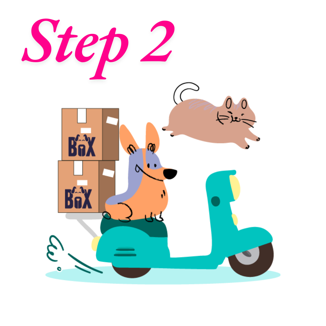 Step 2 illustration of BarkyBox delivery with cartoon dog riding scooter and packages stacked