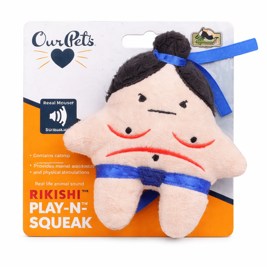 Cat playing with sumo plush toy with catnip – interactive cat toy